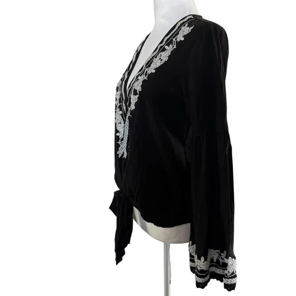 Lovestitch Black Embroidered Boho Tie-Front Top | L - Picture 7 of 11